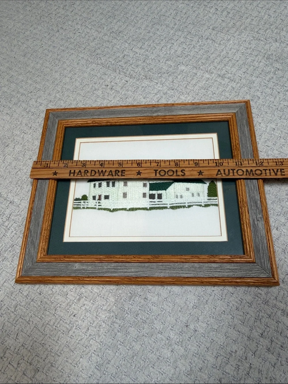 Vtg Needlepoint Embroidered White Farmhouse Crewel Barn wood Frame Wall Hanging